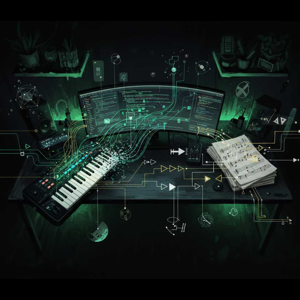 Overhead creative workspace with synths dissolving into code